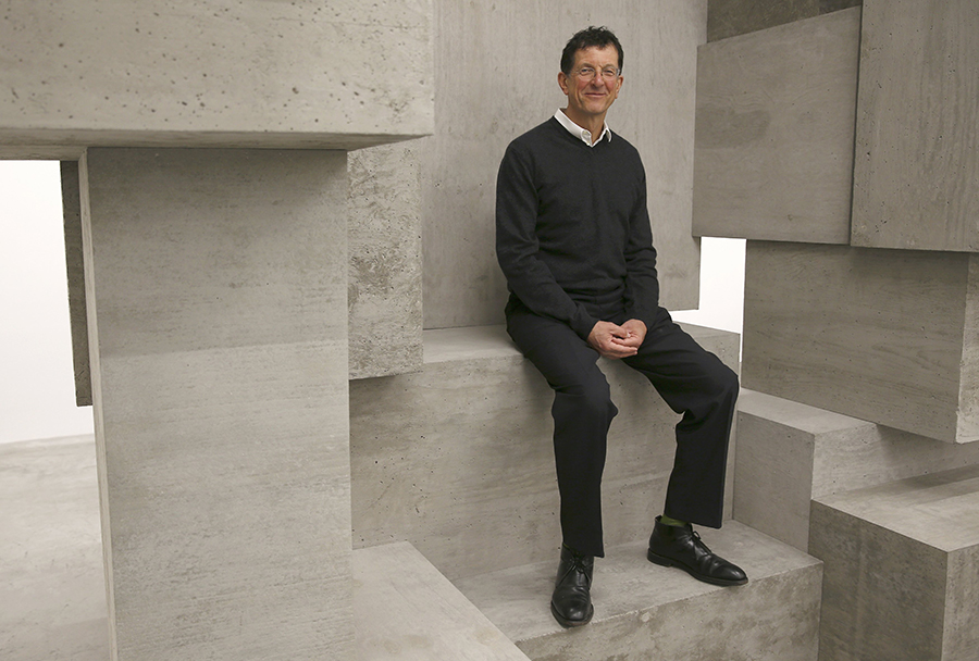Artist Antony Gormley poses for a photograph with one of his pieces called "Block", forming part of an exhibition entitled "Fit", at the White Cube gallery in London, Britain September 29, 2016.   REUTERS/Peter Nicholls