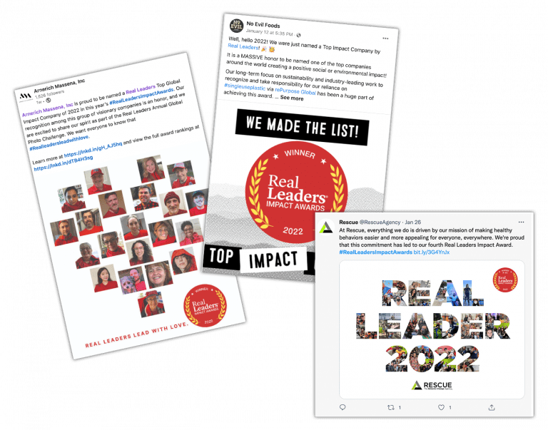 Participate in our community-wide social media blitz during the winner reveal this July (pictured: 2022 Real Leaders Impact Award winners)